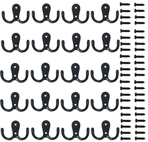 20 Pieces Double Prong Robe Hook Rustic Hooks Retro Cloth Hanger Coat Hanger Wall Mounted Hook with 44 Pieces Screws (Black color)
