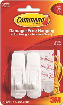 3M Removable Adhesive Utility Hooks' 3-Lb Capacity' Plastic' White' Set Of 2