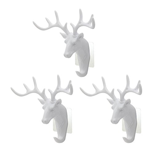 Saim Creative Plastic Hooks Wall Decor Deer Head Animal Self Clothing Jewelry Display Racks Non - Streaking Coat Cap Bag Keys Hanger Hook, White, 3Pcs