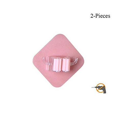 Multi-purpose Mop Broom Holder Self Adhesive Reusable No Drilling Wall Hooks 2PCS (Pink)