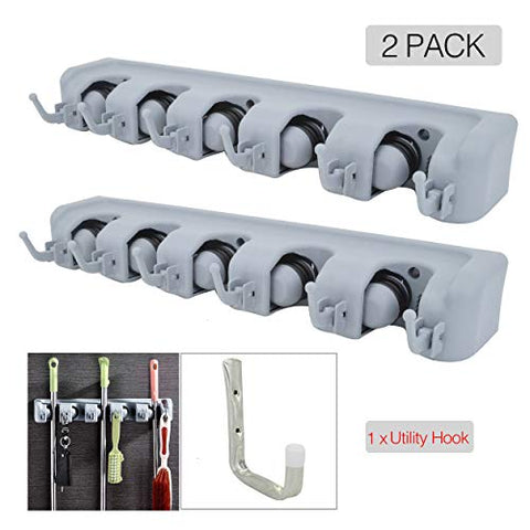 OVOV 2 Pack Mop and Broom Holder Wall Mounted Garden Storage Garage Tool Organizer with Heavy Duty Steel Utility Hook (Grey-Black)