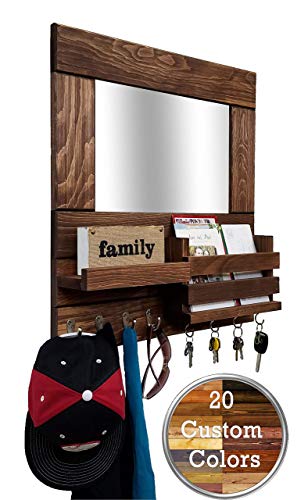 Bristol Mail Holder Wall/Key Holder Wall Shelf/Decorative Mirror - Restyled Farmhouse Entryway Mirror Wall Organizer & Shelf/Wooden Mail Organizer - Special Walnut