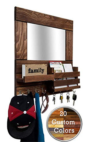 Bristol Mail Holder Wall/Key Holder Wall Shelf/Decorative Mirror - Restyled Farmhouse Entryway Mirror Wall Organizer & Shelf/Wooden Mail Organizer - Special Walnut