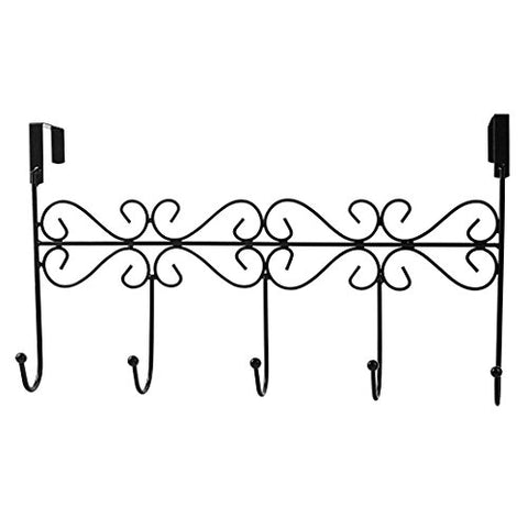 JUFENG Over the Door 5 Hook Rack - Decorative Organizer Hooks for Clothes, Coat, Hat, Belt, Towels - Stylish Over Door Hanger for Home or Office Use (black)