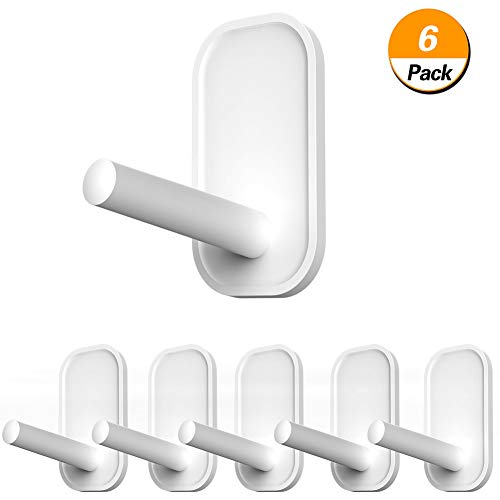 Wall Hooks, 6 Pcs Adhesive Hooks for Hanging, Heavy Duty Hanging Hooks for Coat Towel Robe Backpack, Sticky Hooks Hold 7 lbs, Wall Hanger Without Nails for Smooth Wall, Water-Resistant Utility Hooks