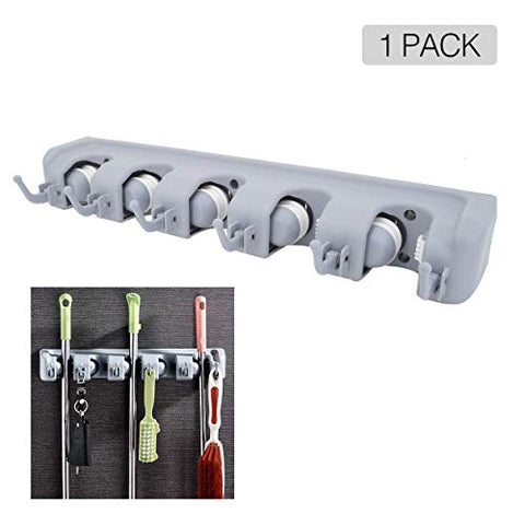 OVOV Mop and Broom Holder Wall Mounted Garden Storage Garage Tool Organizer (Grey-White)