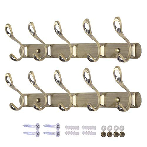 Dseap Wall Mounted Coat Rack - 5 Double Hooks, Heavy Duty, Vintage, Metal Coat Hook Rail for Coat Hat Towel Purse Robes Mudroom Bathroom Entryway (Dual-holel, Bronze, 2 Packs)