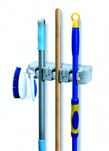 Superio Mop And Broom Holder, Wall Organizer, 3 Slots and 4 Hooks, White