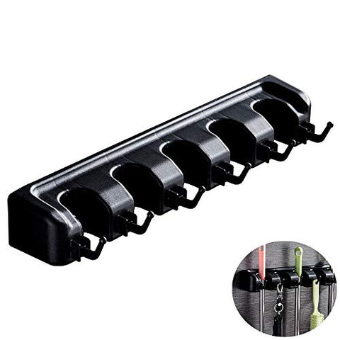 Symphony Mop and Broom Holder, 5 Position 6 Hooks Multipurpose Wall Mounted Organizer Storage Hooks for Kitchen Garden Garage (Black, L)