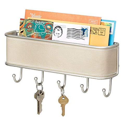 mDesign Wall Mount Metal Mail Organizer Storage Basket - 5 Hooks - for Entryway, Mudroom, Hallway, Kitchen, Office - Holds Letters, Magazines, Coats, Keys - Satin/Taupe Leather