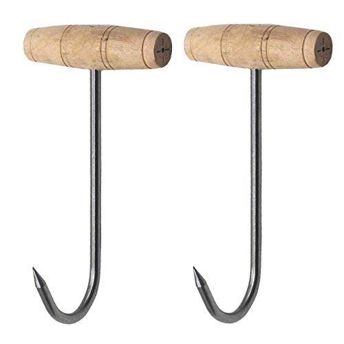 TinaWood 7.5 Inch T Shaped Boning Hooks with Wooden Handle, Meat Hooks for Butchering (Pack of 2)