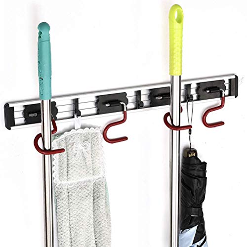 QBOSO Wall Mounted Mop and Broom Holder Stainless Steel S Type Broom Rack Anti-Slip Mop Organizer (17 Inches ,4 Positions 3 Hooks , Red black)