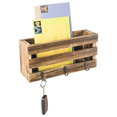 MyGift Rustic Crate-Style Wall Mounted Brown Wood Mail Sorter with 3 Key Ring Hooks