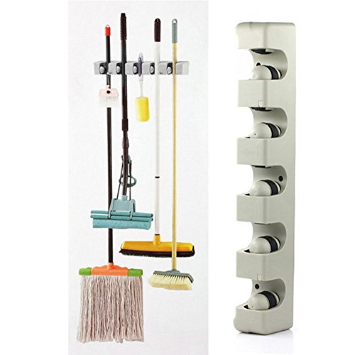 INLAR Mop and Broom Holder,Garage Organiser Rack with 5 Ball Slot and 2 Retractable Hook Wall Mounted Organizer Garden Tool Organiser for Garage Kitchen Bathroom