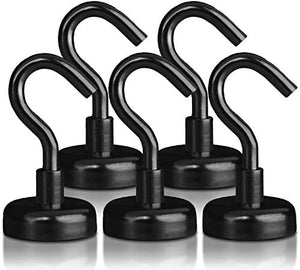 Strong Heavy Duty Magnetic Hooks (5 Pack) - 40lb Black Magnet Hook Set for Multi-Purpose Hanging, Refrigerator, Cruise Cabins, Key Holder, Indoor/Outdoor Organization - Bonus 3M Non-Scratch Stickers