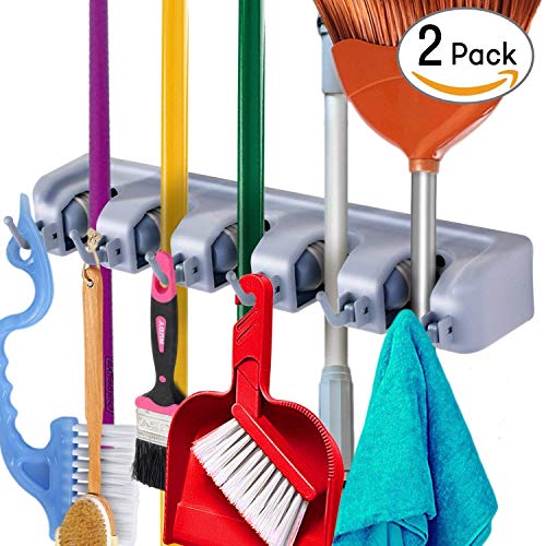 Mop and Broom Holder Wall Mount, Utility Storage Hooks Multi-Used in Kitchen, Garage, Outdoor Yard By W.O.B (Pack of 2)