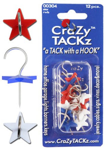CraZy TACKz Star-12pc Push pin Hook, Red, White, Blue