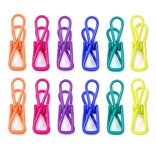 6 Color Durable Steel Wire Clothespins Chip Bag Clip Document Holder Mail Organizer PVC-Coated All Purpose Travel Home Office Non-Slip Anti-Rust Reusable (Blue Orange Teal Yellow Pink Purple)-12 PCS