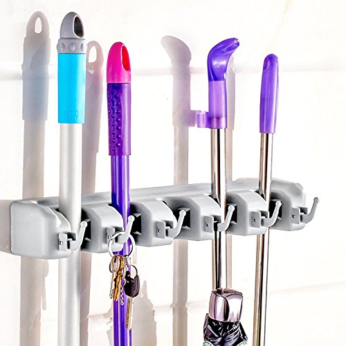 Palace R 5 Non-slip Automatically Adjustable Positions with 6 Hooks Mop and Broom Holder Wall and Closet Mounted Organizer