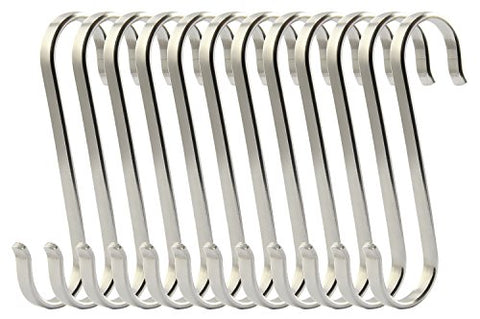 RuiLing 12-Pack Size Medium Flat S Hooks Heavy-Duty Genuine Solid 304 Stainless Steel S Shaped Hanging Hooks,Kitchen Spoon Pan Pot Hanging Hooks Hangers Multiple uses.