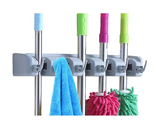 Surick Mop and Broom Holder Wall Mounted ,Garden Tool Storage Tool broom organizer with 5 Ball Slots and 6 Hooks,(Gray)