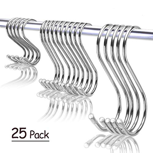 25 Pack S hooks Stainless Steel S Hanging Hooks Heavy Duty S Hanger Hooks X-Large 4.8"/ Large 3.5"/ Small 2.5" Metal Kitchen Pot Rack Hooks Closet Hooks for Hanging Pot, Pan, Cups, Plants, Bags, Jeans