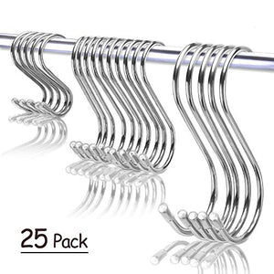 25 Pack S hooks Stainless Steel S Hanging Hooks Heavy Duty S Hanger Hooks X-Large 4.8"/ Large 3.5"/ Small 2.5" Metal Kitchen Pot Rack Hooks Closet Hooks for Hanging Pot, Pan, Cups, Plants, Bags, Jeans