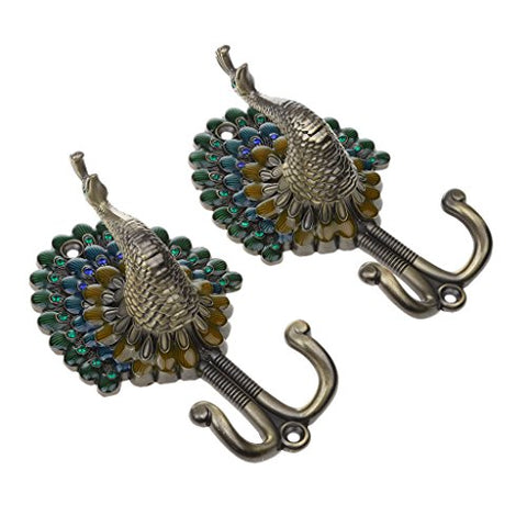 Jili Online Multi-color Vintage 1 Pair Peacock Double Metal Wall Mounted Hanger DIY Hook for Clothes Towel Bag Coat - Bronze