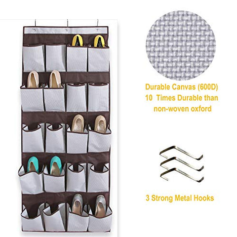 ITIDY Over-The-Door-Shoe-Organizer, Durable Canvas,20 X-Large Reinforced Pockets Shoe Storage, Space Saving Hanging Shoe Organizer Shoe Rack with Strong Metal Hooks,Light Gray with Brown Trim