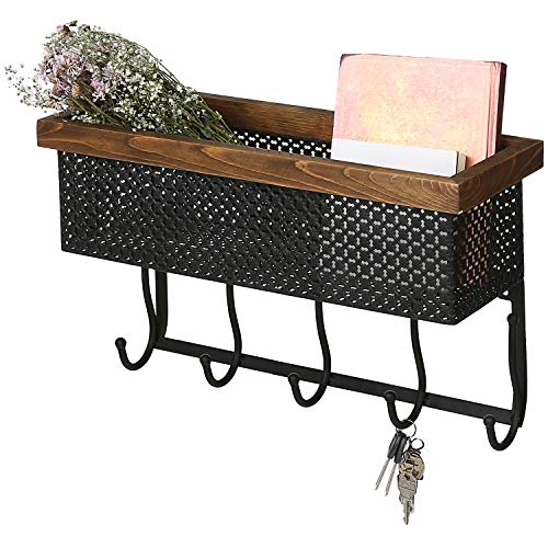 MyGift 19-inch Black Metal Wall-Mounted Entryway Storage Basket with Wood Trim & 5 Key Hooks