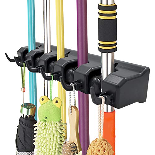 IMILLET Mop and Broom Holder, Wall Mounted Organizer-Mop and Broom Storage Tool Rack with 5 Position and 6 Hooks Storage Hooks for Kitchen, Laundry, Offices, Garage and Garden (Black) (One Pack)