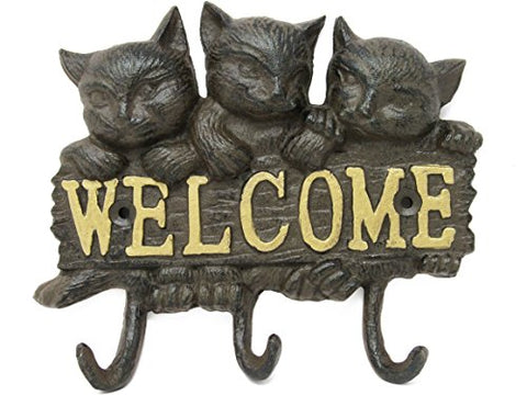 Cast Iron 3 Kitty Cats w/3 Cat Tail Hooks Welcome Sign for Cat Lovers & Pet Lovers Shabby Chic Vintage Wall Mounted Hooks, Excellent for Coats, Bags, Hats, Towels, Scarf’s and More by Ashes to Beauty