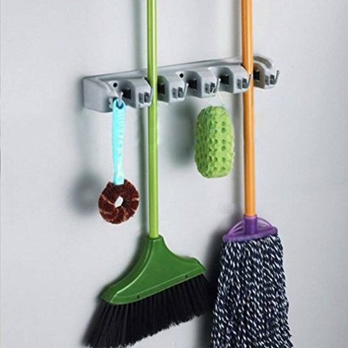 Mop Broom Holder, Garden Tools Wall Mounted Commercial Organizer Saving Space Storage Rack for Kitchen Garden and Garage,Laundry Offices(5 Position with 6 Hooks)