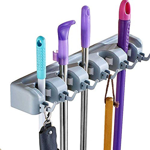 Daycount Broom Holder Wall Mount Adjustable Roller Secure Grip with 4, 5, 6 Hooks Mop Storage Rack Organizer Hanger (Large)