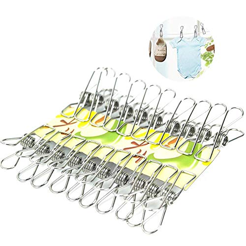 PAWACA 20 Pack Stainless Steel Cloth Pin, Clothesline Hook for Socks Towel Bag Scarfs Hang Drying Rack Tool,Laundry Kitchen Cord Wire Line Clothespins Pegs, File Paper Bookmark S Binder Metal Clip