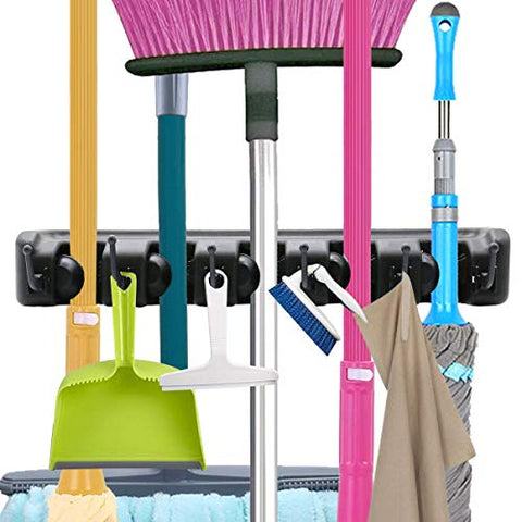 Broom Mop Holder Wall Mounted Garden Garage Rack Tool Hanger Storage Organizer(5 Position with 6 Hooks)