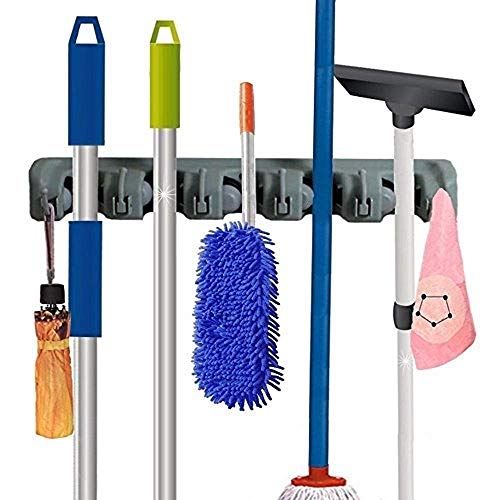 Wall Mounted Mop and Broom Holder, Storage Solutions for Broom Holders Garage Storage Systems Broom Organizer and Stainless Steel Hook (Gray)