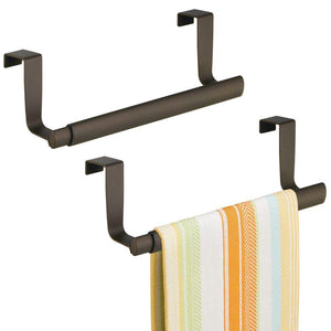 mDesign Adjustable, Expandable Kitchen Over Cabinet Strong Steel Towel Bar - Hang on Inside or Outside of Doors, Storage for Hand, Dish, and Tea Towels - 9.25" to 17" Wide, 2 Pack - Bronze
