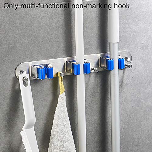 Broom Mop Holder Tidy Organizer, Wall Mounted Self-Adhesive Mop Storage Rack with 3 Position 4 Hooks for Bathroom Garage, Mop and Broom Tool Storage System(Blue)
