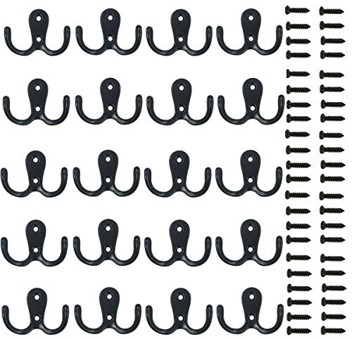 20 Pieces Double Prong Robe Hook Rustic Hooks Retro Cloth Hanger Coat Hanger Wall Mounted Hook with 44 Pieces Screws (Black color)