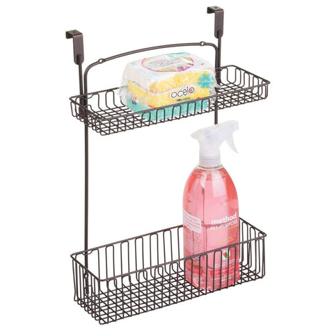 mDesign Metal Farmhouse Over Cabinet Kitchen Storage Organizer Holder or Basket - Hang Over Cabinet Doors in Kitchen/Pantry - Holds Dish Soap, Window Cleaner, Sponges - Bronze