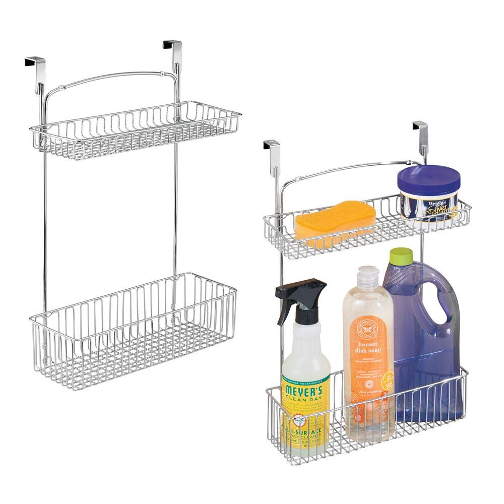mDesign Metal Farmhouse Over Cabinet Kitchen Storage Organizer Holder or Basket - Hang Over Cabinet Doors in Kitchen/Pantry - Holds Dish Soap, Window Cleaner, Sponges - 2 Pack - Chrome