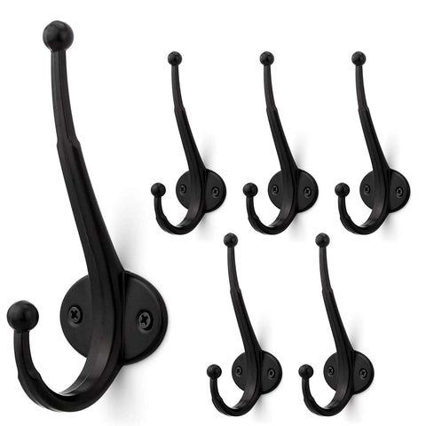 Arks Royal Heavy Duty Metal Coat Hook with Ball Ends, Thick Long Retro Prong Hat Hook Bath Towel Closet Clothes Hanger Rail Garment Holder, Flat Black, 6 PCS