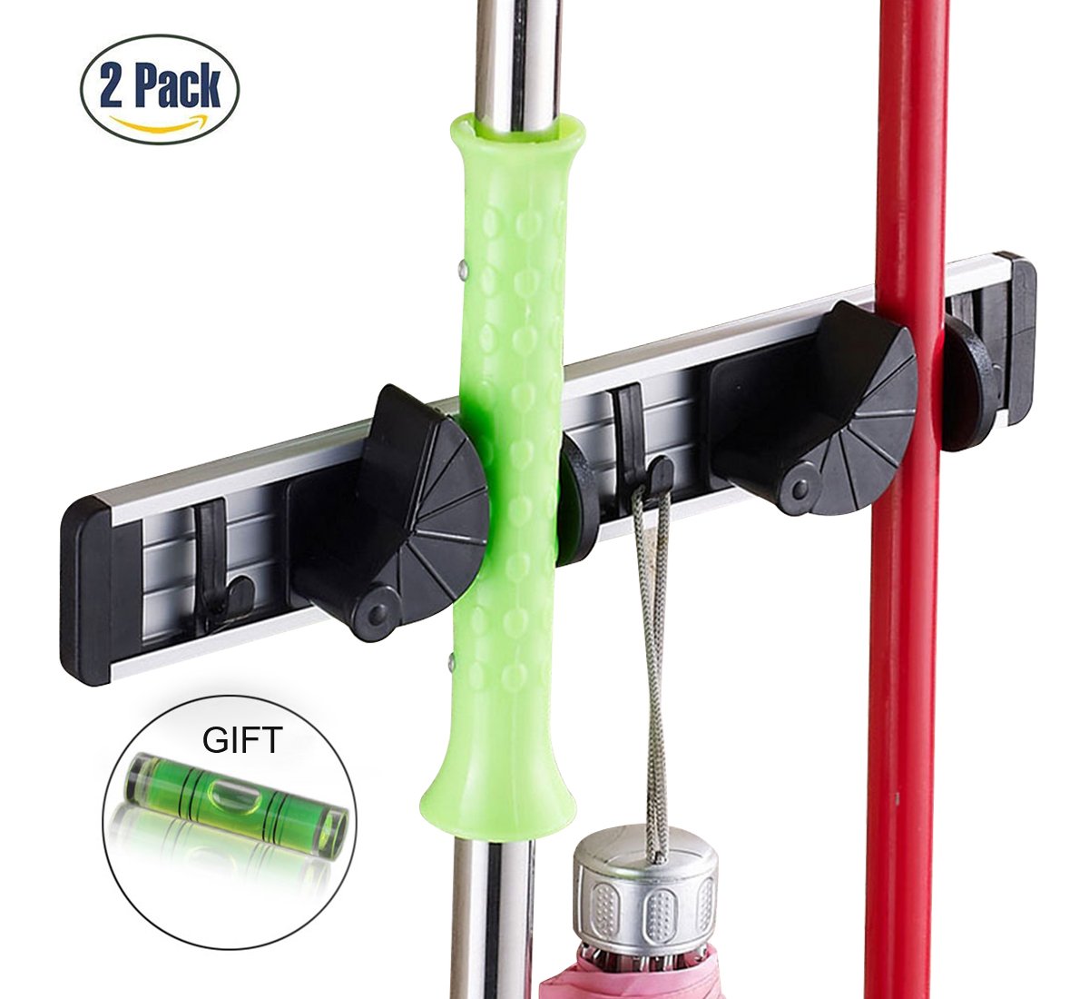 Xcellent Global 2 PCS Broom Mop Holder Wall Mounted Garage Storage Organizer - Totally 4 Positions 6 Hooks HG125