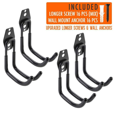 4pcs Garage Hooks for Hanging Ladder Hose Extension Cord Shovel Bike Chair Garden Tools, [UPGRADE VERSION] Wall Mount Hanger and Storage with Longer Screws Hardware Included and Anti Slip Rubber