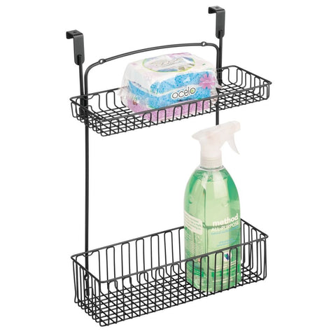 mDesign Metal Farmhouse Over Cabinet Kitchen Storage Organizer Holder or Basket - Hang Over Cabinet Doors in Kitchen/Pantry - Holds Dish Soap, Window Cleaner, Sponges - Matte Black