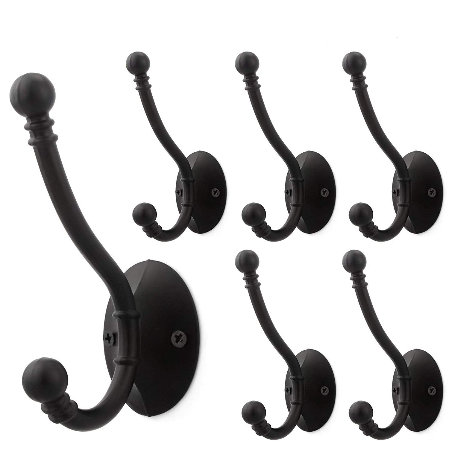 6 PCS 3-3/4 Inch Double Prong Coat and Hat Hook Heavy Duty Metal Wall Hangers with Ball Ends (Screws included), Flat Black