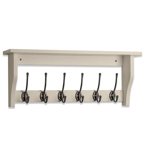 OCCO Lublin H10.4” x W25.6” x D5.5” / H27cm x W56cm x D14cm Entryway Organizer Coat Rack Wall Mounted I Entryway Shelf With Hooks I 6 Pewter Finish Coat Hook On French Grey I Wall Hooks Decorative