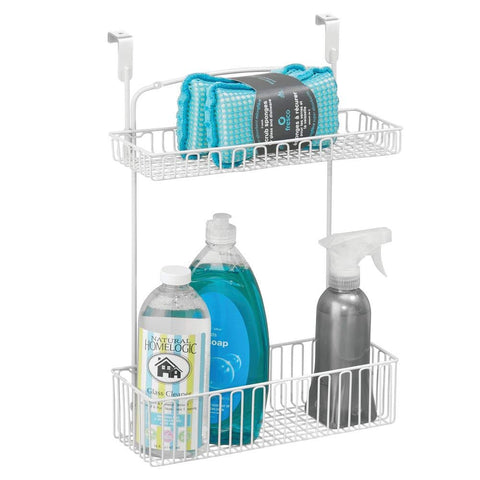 mDesign Metal Farmhouse Over Cabinet Kitchen Storage Organizer Holder or Basket - Hang Over Cabinet Doors in Kitchen/Pantry - Holds Dish Soap, Window Cleaner, Sponges - Matte White