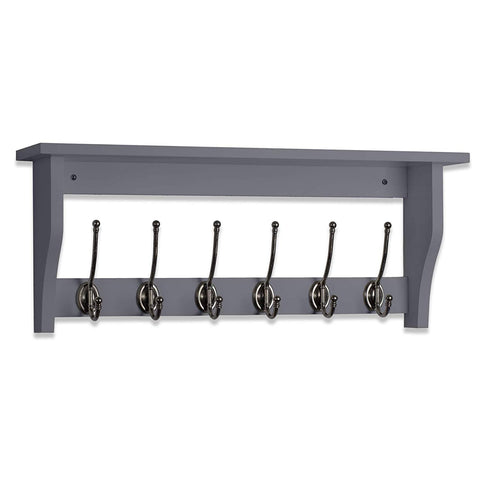 OCCO Lublin H10.4” x W25.6” x D5.5” / H27cm x W65cm x D14cm Entryway Organizer Coat Rack Wall Mounted I Entryway Shelf With Hooks I 6 Pewter Finish Coat Hook On Dove Grey I Wall Hooks Decorative